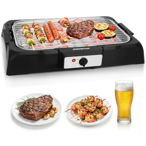 Aigostar Tasty - Grill sin humo, plancha de asar, barbacoa eléctrica para interiores, 2000W, tamaño compacto, uso con agua: evita manchas y humo, bandeja recoge grasa, termostato.