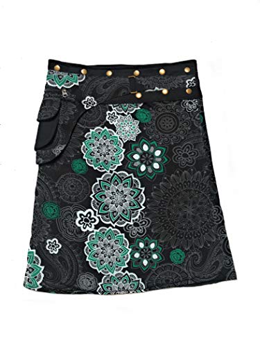 Jupe imprimée ethnique à bouton-pression, jupe colorée longueur genou, taille réglable avec 18 boutons pression, bohème gitane bohème, Noir , taille unique Cover