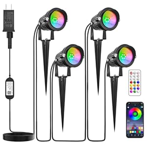 Christmas Smart RGBW Landscape Outdoor Spotlights with Transformer, 5W Color Changing Landscape Lights with APP&Remote Control LED Landscape Lighting Waterproof Uplights for Yard Garden(4-in-1)