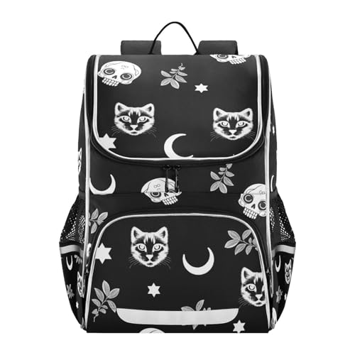 Goth Skull Cat School Backpack For Girls Boys Elementary Bookbag With Reflective Strips