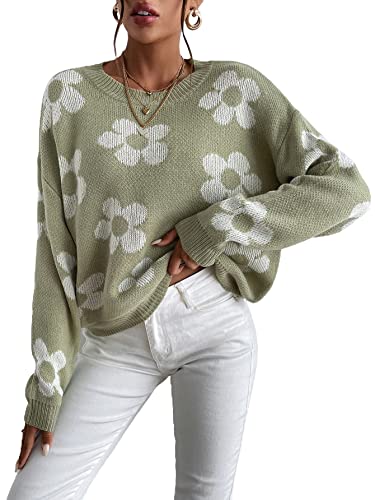 Oyoangle Women's Ribbed Knit Long Sleeve Top Floral Drop Shoulder Loose Sweater Green S #TOP19