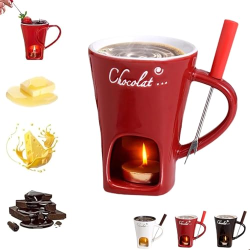 HIDRUO Fondue Cups Tealight, Chocolate Fondue Mug, Fondue Mugs with Forks,Multi-Functional Simmer Warmers Mug, Mini Ceramic Chocolate Fondue Cup (Red)