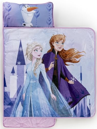 Jay Franco Kids Nap Mat Cartoon Embedded Pillow & Blanket Soft 46x20Microfiber Sleeping Bag with Name Tag & Handle for School Travel Sleepover Purple - Frozen