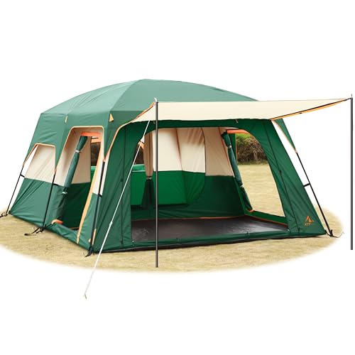 KTT Extra Large Tent 12 Person,Family Cabin Tents,2 Rooms,3 Doors and 3 Windows with Mesh,Straight Wall,Waterproof,Double Layer,Big Tent for Outdoor,Picnic,Camping,Family Gathering(Green)