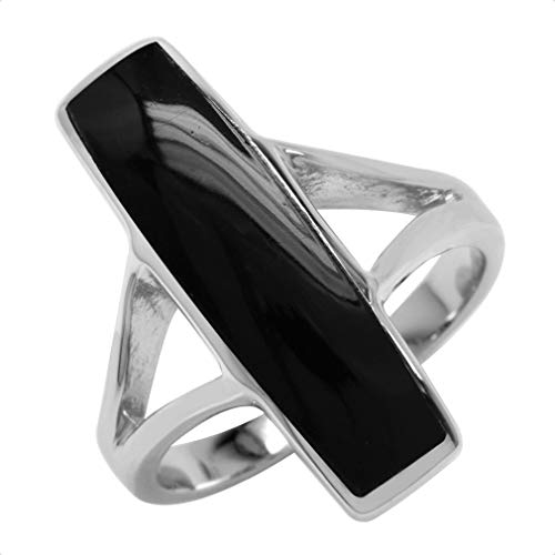 Silvershake Long Created Black Onyx Inlay White Gold Plated 925 Sterling Silver Ring Size 5