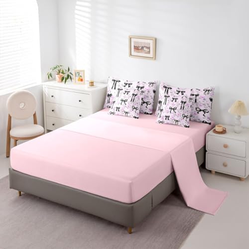 Image of Black Bow Tie Queen Comforter Set with Sheets | Boho Flowers Pink Floral 7 Piece Bedding Set Princess Bow Bed in a Bag, Girly Dreamy Ribbon Bowknot Room Decor,Cute Room Decor Aesthetic Kawaii