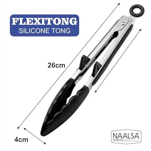 Image of NAALSA FLEXITONG Silicone Food Tongs for Kitchen, Barbeque and Serving - 9 inch - 1 Year Warranty - FDA Approved Silicone, 315C Heat-Resistant, Salad Tong, Serving Tong, BBQ Tong - Black