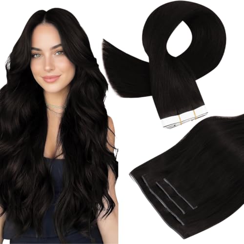Image of Full Shine Tape in Weft Hair Extensions Human Hair, Natural Black 20 Inch
