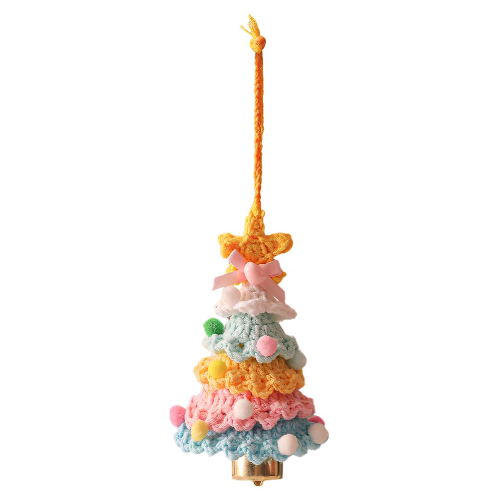 Crochet Christmas Tree Decoration, Knitting Xmas Tree Pendant with Bell for Holiday Hanging in Door, Car, Window