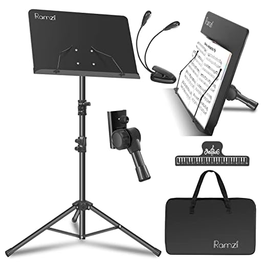 Ramzi Music Stand, Portable Music Stand for Sheet Music 5 in-1 Dual-Use Sheet Music Stand Desktop Book Stand with Book Stand Support, Music Stand Light, Carrying Bag, Sheet Music Clip