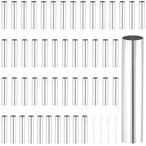 SEHOI 50 PCS Cannoli Tubes Molds, 5 Inch Stainless Steel Cannoli Shells Tubes, Non Stick Cannoli Tubes with 4 Cleaning Brushes, Cone Cream Horn Roll Tubes for Baking Croissant Pastry