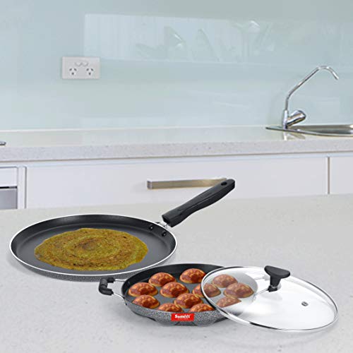 Image of SUMEET Aluminium NonStick Argent Cookware Set (Silver, Dosa Tawa - 26.5Cm , Grill Appam Patra with Glass Lid - 12 Cavity - 22cm Dia)