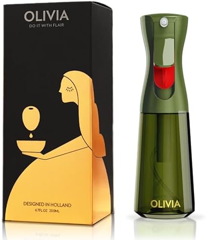 FLAIROSOL OLIVIA Oil Sprayer for Cooking, 200ml Glass Olive Oil Sprayer, Continuous Cooking Spray with Portion Control, Oil Dispenser for Kitchen, Air Fryer, Salad, BBQ (Green Bottle, Gold Print)