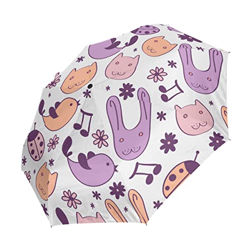 Parapluie pliant automatique violet motif lapin oiseau avec protection UV
