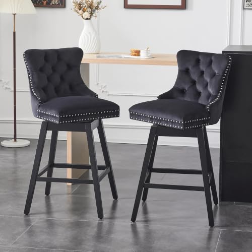 Image of Black Swivel Bar Stools, Velvet Counter Height Bar Stools Set of 6