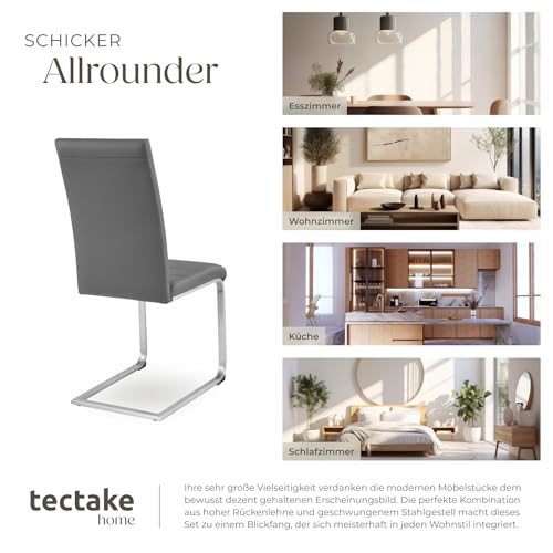 tectake® 4er Set Esszimmerstühle, Freischwinger Küchenstuhl mit Rückenlehne, Stühle für Esszimmer, Küchenstühle modern, Dining Chair, Polsterstuhl, Esstischstühle, Besucherstuhl - grau