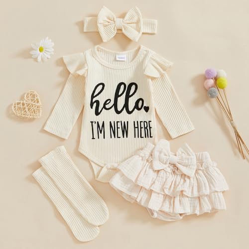 Im New Here Newborn Baby Girl Outfit Ruffle Romper Tiered Tutu Dress Shorts Headband Socks Coming Home Clothes Set2