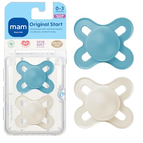 Image of MAM Original Start Matte Baby Pacifiers, Binky for 0-3 Months, BPA-Free Silicone Nipple, Easy to Clean, Best for Newborn Babies, Developed with Medical Experts, 2 Count Binkies with Sterilizer Case