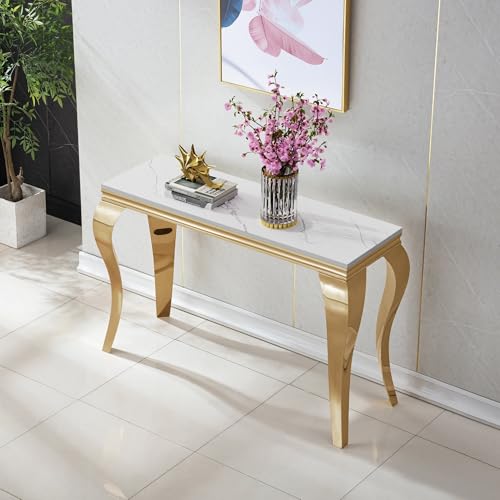 Image of Luxury Marble Console Table, White Faux Marble Top, Gold Stainless Steel S Legs, 46.8 inch Sofa Console Table Behind Couch, Modern Entryway Table for Hallway, Entrance, Foyer, Living Room