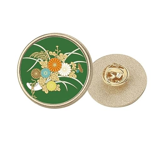 Broche ronde en métal doré avec fleur jaune japonaise d'automne taille M