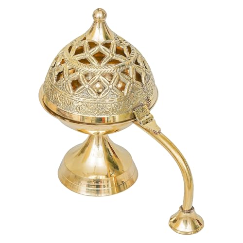 Image of Sanvatsar Traditional Brass Incense Burner, Gold, Decorative Dome Design with Lattice Pattern, Smoke Diffuser for Home (Dhoop Batti)