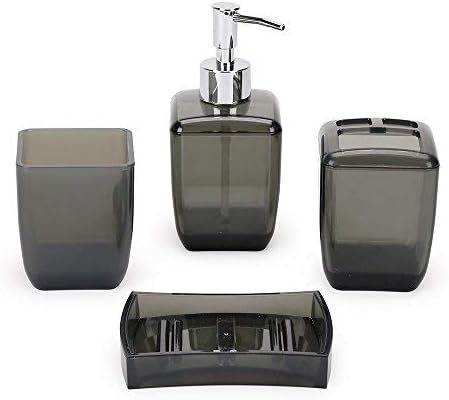 Bathroom Accessory Set - 4 Piece Bath Ensemble, Including-Soap Dispenser Pump, Toothbrush Holder, Tumbler, Soap Dish - plastic (Black)