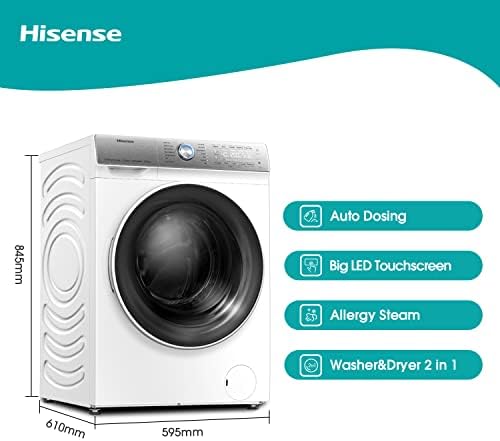 Hisense WDQR1014EVAJM Freestanding 10 KG Front Load Washer Dryer Auto Dosing Steam Wash Big LED Touchscreen 1400 RPM 10 kg/6 kg Load White Energy Rating E