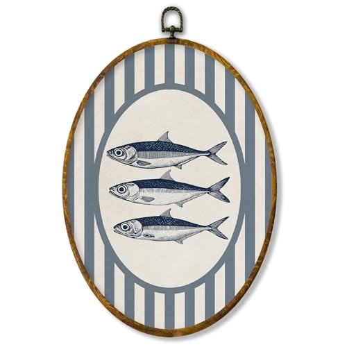 XPH Vintage Coastal Sardine Oval Wall Art Framed, Beach Sardine Fish Oval Wall Decor Accents, Blue Striped Ocean Marine Life Hanging Canvas Prints for Home Bedroom Living Room Decoration, 8.6x11.4 Inch
