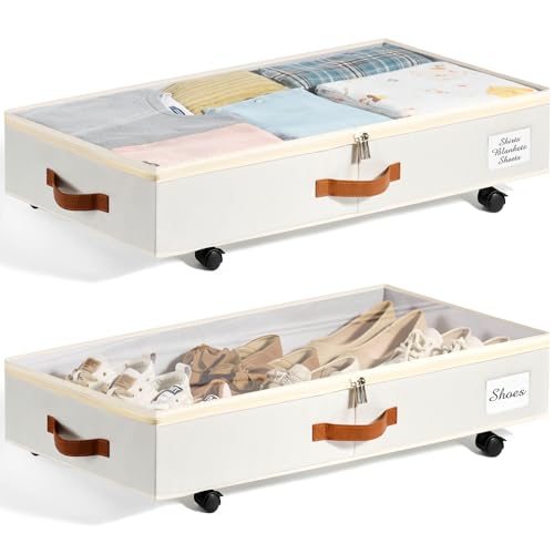 KitHero Lot de 2 boîtes de rangement à roulettes pour dessous de lit avec couvercle transparent, 17 cm de hauteur, panier de rangement à roulettes sous le...