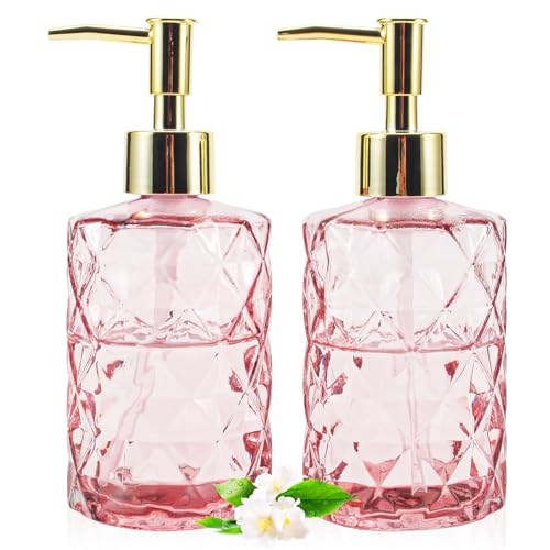 TOBOWON Pink Diamond-Cut Glass Soap Dispenser Set 12oz 2 with Gold Pump Refillable Lotion and Hand Soap Bottles for Bathroom Kitchen or Shower Use