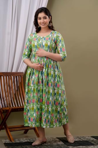Image of Amazon Brand - Tavasya Women Botanical Floral Printed Maternity Midi Dress | Round Neck | 3 /4 Ruffle Sleeves | Concealed Feeding Zip | Gathered Tiered Nursing Dress