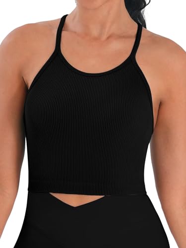 Image of Sunzel Ribbed Crop Tank Top for Women Seamless Racerback Camisole | Buttery Soft Nylon Spandex, Opaque No See Through, Stays in Place, Unpadded, Slim Fit, No Shrink, Yoga Workout Gym Casual