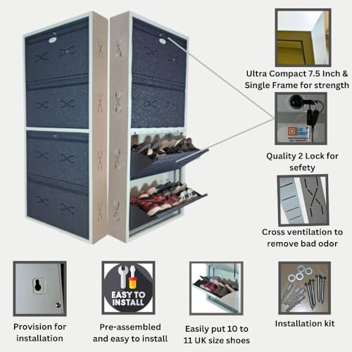 Image of I Double Decker Metal Shoe Rack I Double Lock I Wall Mounted I 4 Shelve (Grey Colour) I Coad LC 2DDL-04 GR I Height 58 Inches, Width 26 Inches, Depth 7.5 InchesI 3 Years Warranty.