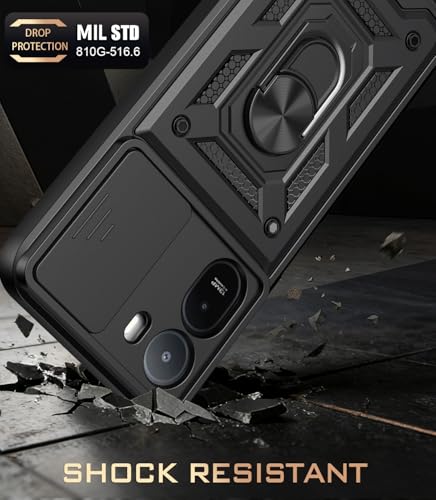Image of Tough Armor Bumper Back Cover for Mi Redmi A7 Pro 5G / Poco C85X 5G | Sliding Camera Cover, Kickstand & Ring Holder 360 Degree Protection Cover for Redmi A7 Pro 5G / Poco C85X 5G - Black