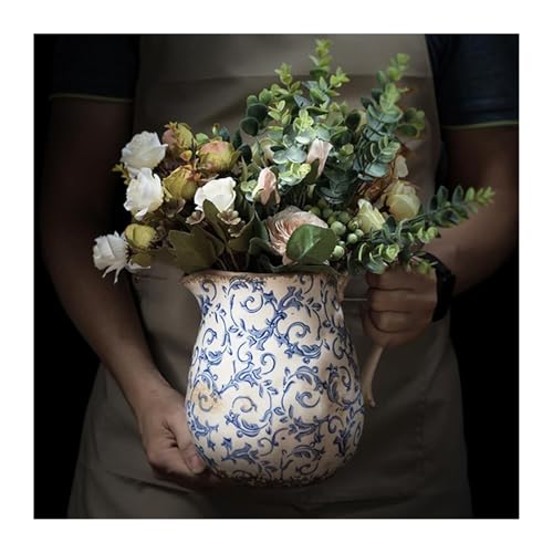 Vase en céramique bleue et blanche rustique | Pichet vintage - 2