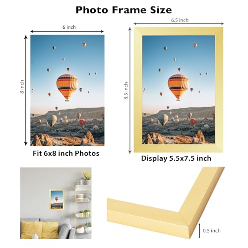 Image of JCJMY 6x8 Picture Frame Gold for Wall Hanging or Tabletop, Wall Mounting Horizontally or Vertically, 6 x 8 Wall Gallery Poster Photo Frame with Shatter Resistant Plexiglass, Gold