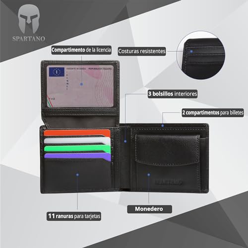 Miniatura 2 de Spartano Carteras Para Hombre Con Protección Rfid, 11 Ranuras Para Tarjetas De Crédito, 1 Bolsillo Para Monedas, 2 Compartimentos Para Billetes, 3 Bolsillos Internos - Zeus Negro
