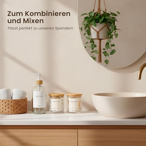 MaisoNovo Wattestäbchen Behälter Glas - 375 ml Luftdichte Wattepads Aufbewahrung, Ohrstäbchen Behälter, Haargummi Aufbewahrung - 2 Schwarze Gläser Mit Glasdeckeln, 16 Etiketten