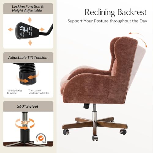 Image of HULALA HOME Modern Swivel Office Chair with Solid Wood Base, Rust | 360 Swivel Executive Task Chair with Button-Tufted, Adjustable Height Wingback Desk Chair, Wide Seat Computer Chair for Home