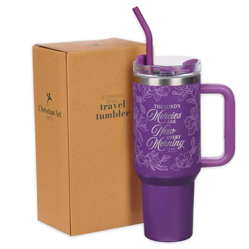 Image of Christian Art Gifts Extra Large Inspirational Scripture Engraved Insulated Stainless Steel Travel Tumbler for Women: Mercies Are New Twist Dial Lid, Reusable Straw & Silicone Tip, Purple Floral, 40 oz
