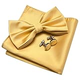 Gusleson Gold Bow Tie and Pocket Square Cufflink Set for Wedding Mens Solid Pre-tied Bow ties (UK0570-42)