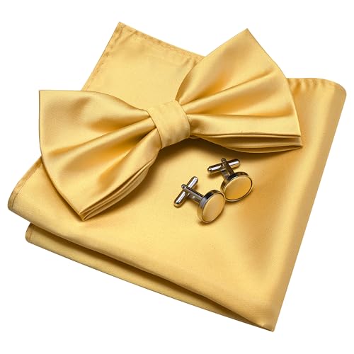 GUSLESON Gold Bow Tie and Pocket Square Cufflink Set for Wedding Mens Solid Pre-tied Bow ties (0570-42)