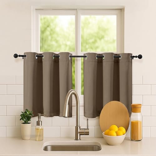 Image of Simplebrand Brown Short Kitchen Curtains 24 Inch Length 2 Panels Set, Small Windows Room Darkening Curtain for Bathroom, Cabinet, Basement, RV Camper, Thermal Insulated Short Drapes, 40 x 24 Inch