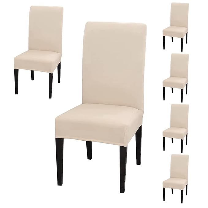 BRIDA Stretchable Solid Plain Dining Chair Covers Elastic Chair Seat Case Protector, Slipcovers (6 Chair Cover, Cream), Polyester;Polyester Blend