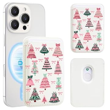 OFQKOAKS Carteira magnética compatível com MagSafe para iPhone 17/16/15/14/13/12 séries, carteira de telefone com laço de árvore colorida de Natal festivo de couro branco para mulheres e meninas
