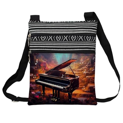 Vintage Piano Messenger Bag Small Ethnic Pattern Printed Adjustable Strap Crossbody Zipper Bag Vintage Piano Phone Bag Wallet Cute Shoulder Handbag for Women