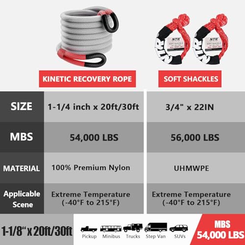 Image of NTR 1-1 /4 inch x 30' Kinetic Recovery Tow Rope (54,000lbs), with 2 UHMWPE Soft Shackles (56,000lbs), Heavy-Duty Offroad Snatch Strap, Vehicle Recovery kit for Jeep car Truck ATV UTV SUV, Grey