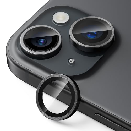 Upcommon UARMOR Camera Lens Protector for iPhone 15 & 15 Plus 9H Tempered Glass & Slim Aluminum Ring, Ultra HD Clear, Easy Installation Kit, Case Friendly - Black