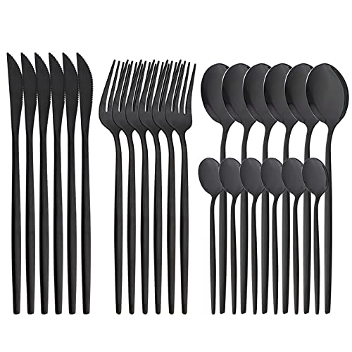 Snplowum 24-Piece Mirror Black Polished Flatware, 18/0 Stainless Steel Dinnerware Set Include Knife Fork Spoon Teaspoon Cutlery Set For Home Restaurant and Party Service For 6, Dishwasher Safe by snplowum - Used condition - US$19.71
