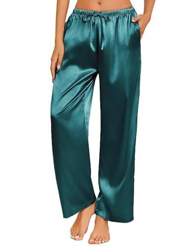 Image of Ekouaer Womens Silk Satin Pajama Lounge Pants Sleep Pj Bottoms with Pockets | Silky,Loose Wide Leg,Drawstring Elastic Waist,Casual,Loose,Elegant
